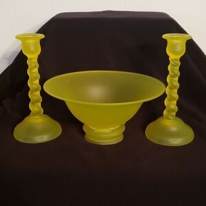 Antique Vtg Tiffin Vaseline "Uranium Glass" Bowl and Candlesticks, circa 1920s